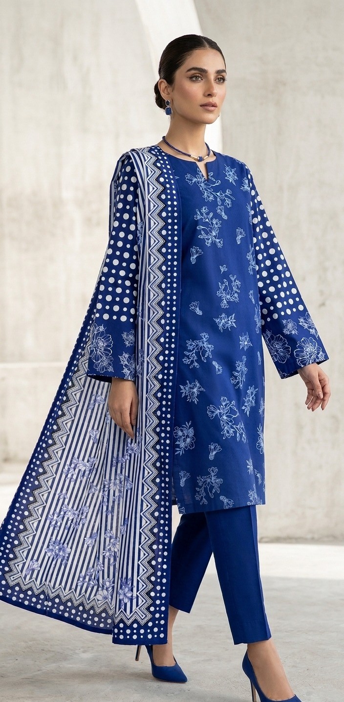 UNSTITCHED Royal Blue Ditsy Floral & Geometric Lawn Suit