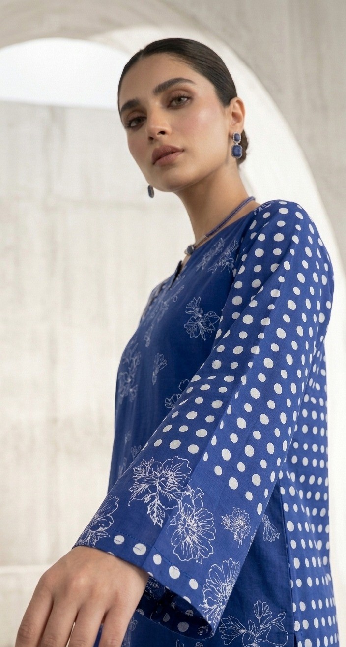 UNSTITCHED Royal Blue Ditsy Floral & Geometric Lawn Suit
