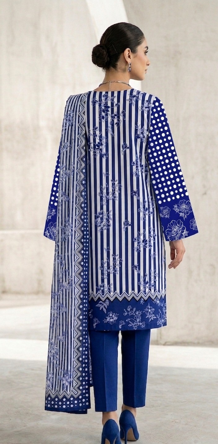 UNSTITCHED Royal Blue Ditsy Floral & Geometric Lawn Suit
