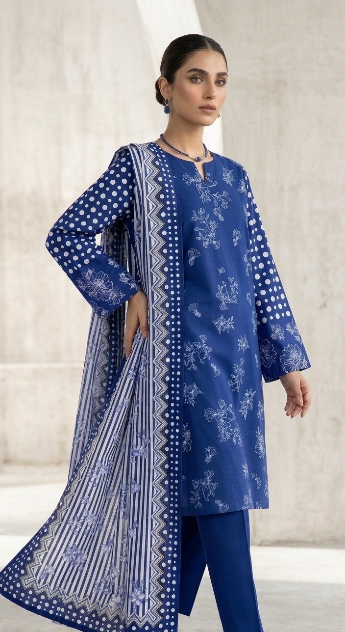 UNSTITCHED Royal Blue Ditsy Floral & Geometric Lawn Suit