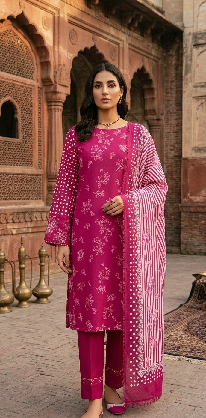 UNSTITCHED Pink Ditsy Floral and Stripe Print Suit