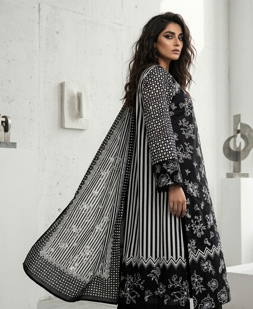 UNSTITCHED Monochrome Floral & Stripe Mix-Print