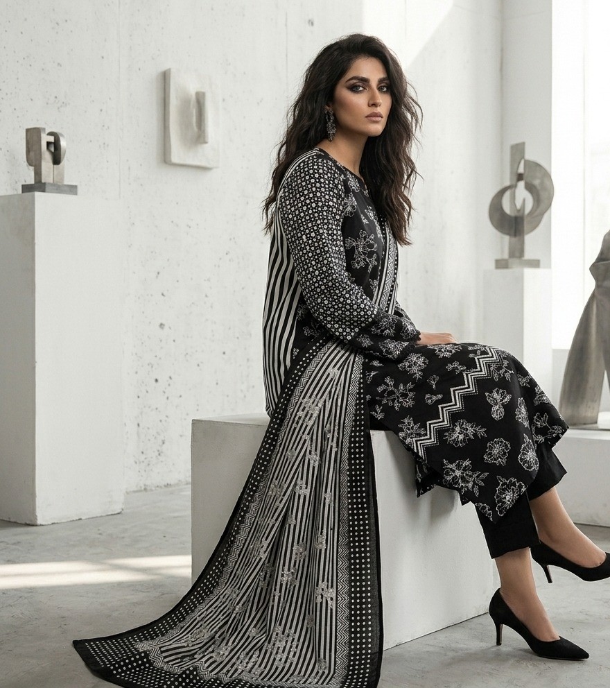 UNSTITCHED Monochrome Floral & Stripe Mix-Print