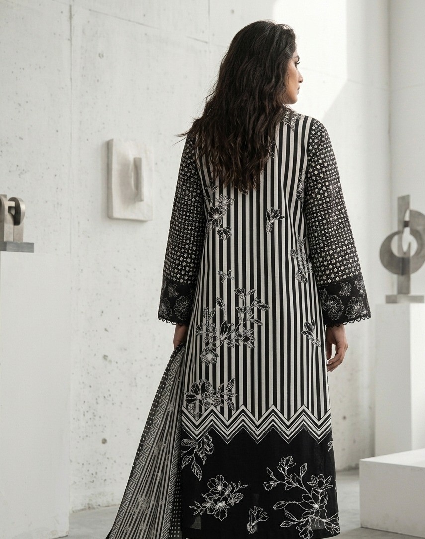 UNSTITCHED Monochrome Floral & Stripe Mix-Print