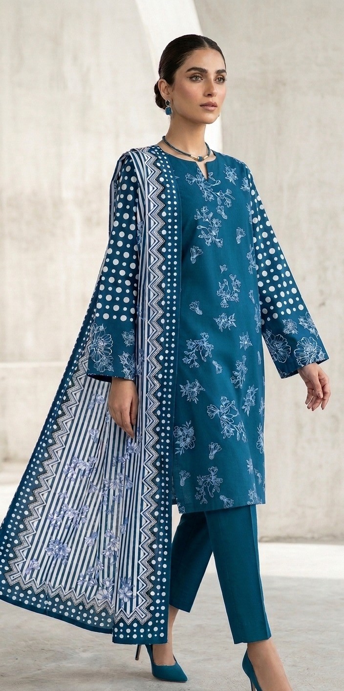 UNSTITCHED Teal Ditsy Floral & Polka Dot
