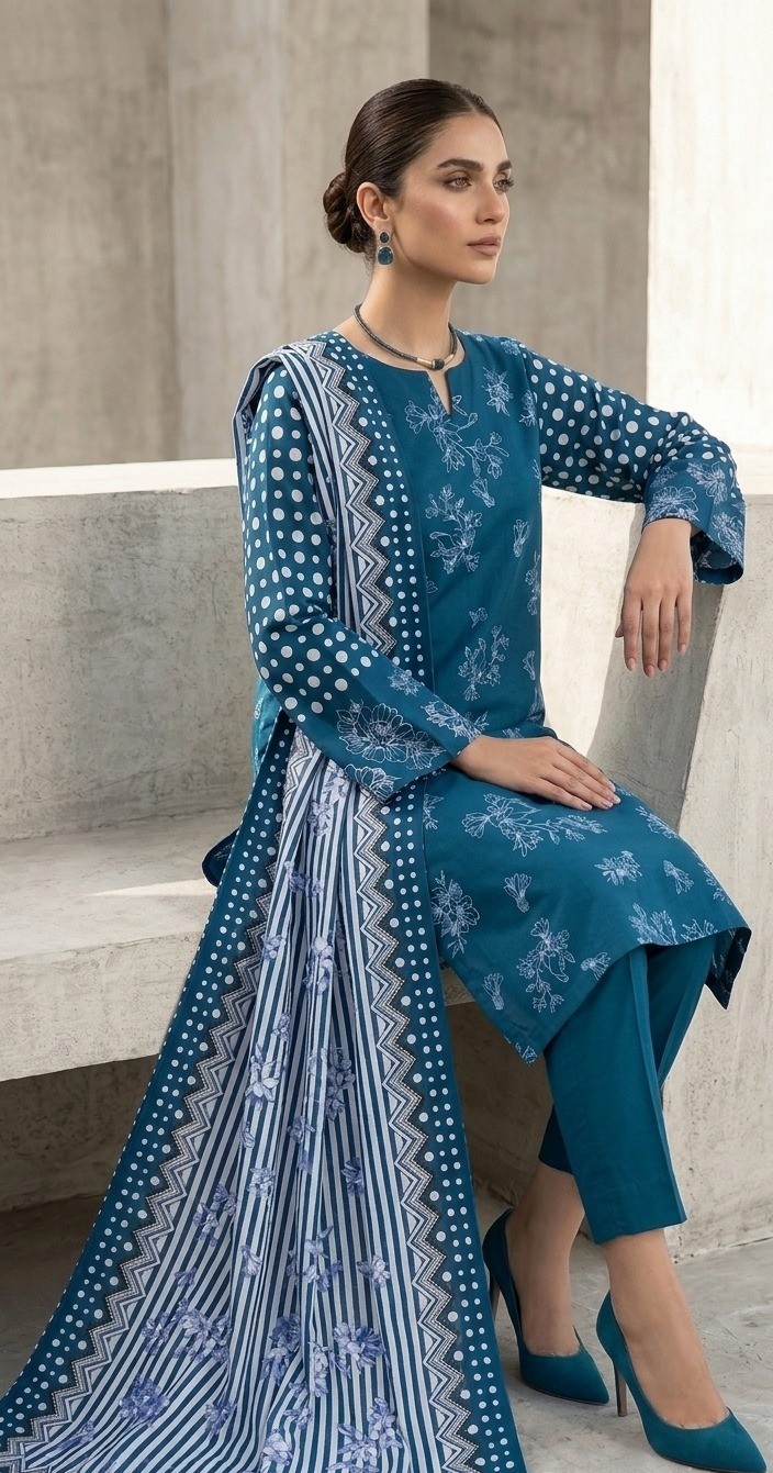 UNSTITCHED Teal Ditsy Floral & Polka Dot