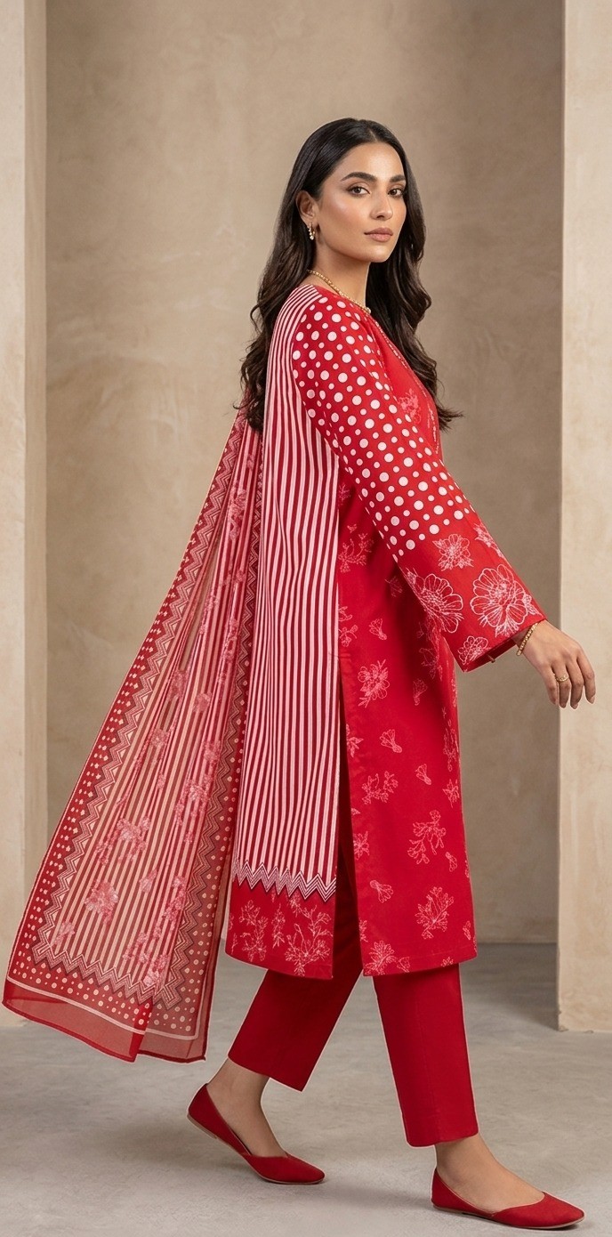 UNSTITCHED Red Floral & Geometric