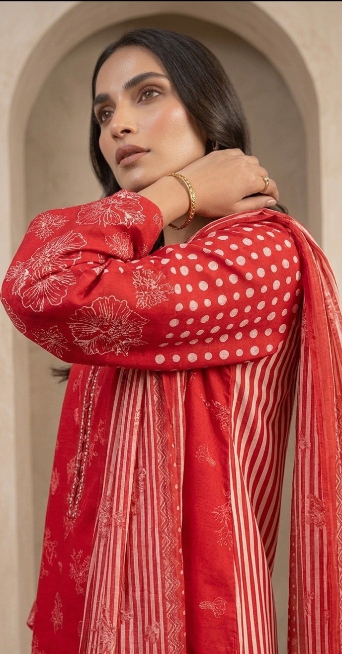 UNSTITCHED Red Floral & Geometric