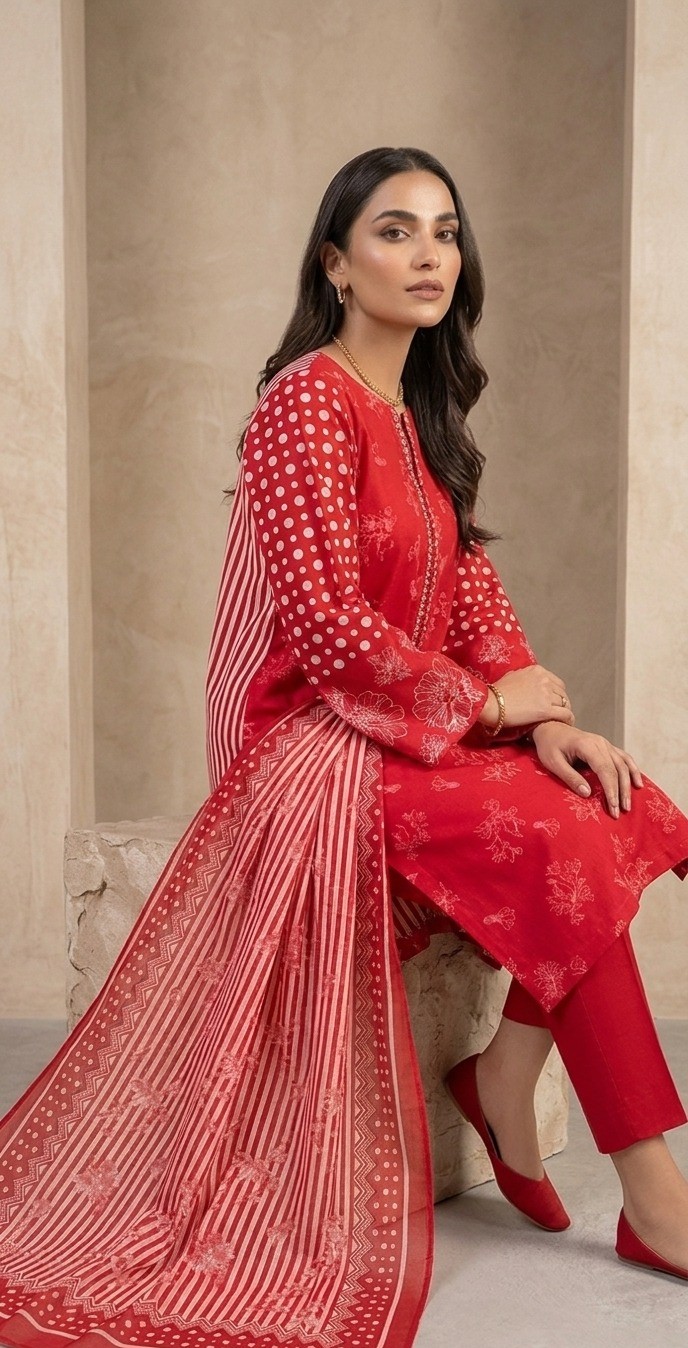 UNSTITCHED Red Floral & Geometric