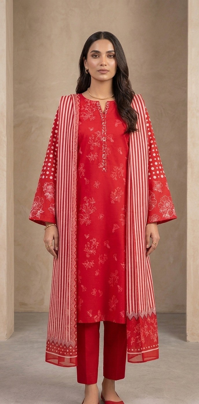 UNSTITCHED Red Floral & Geometric