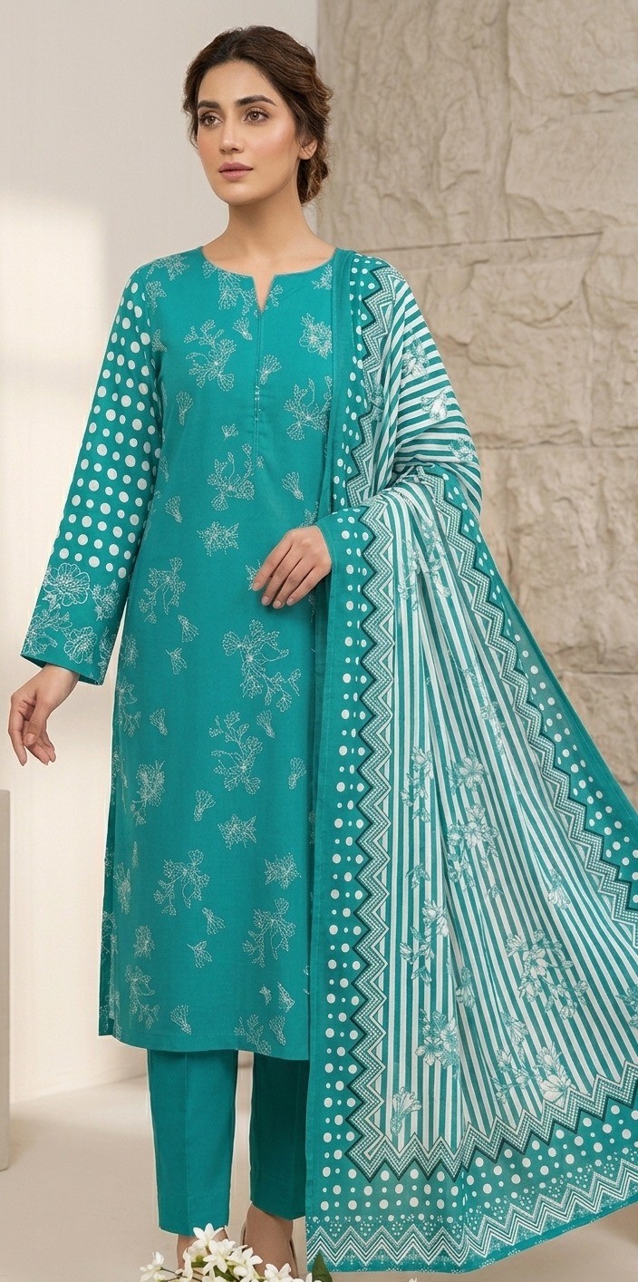 UNSTITCHED SEAGREEN  Vertical Striped & Ditsy Floral Lawn Suit
