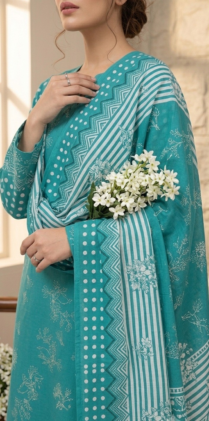UNSTITCHED SEAGREEN  Vertical Striped & Ditsy Floral Lawn Suit