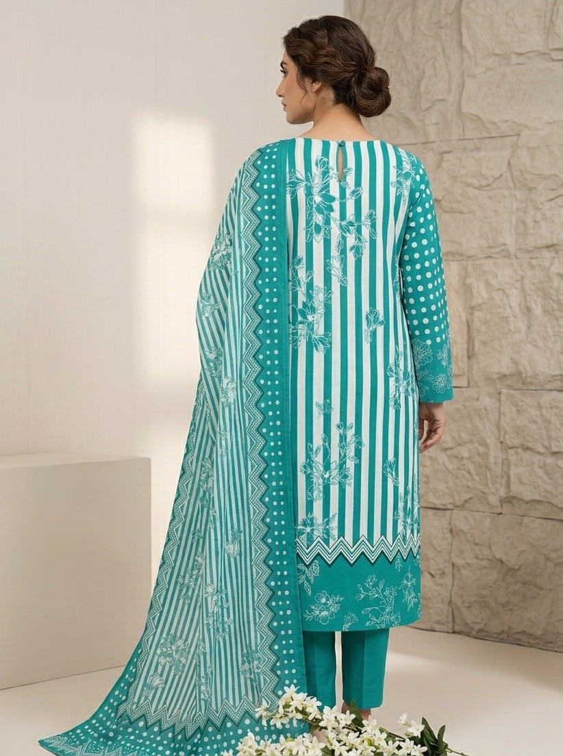 UNSTITCHED SEAGREEN  Vertical Striped & Ditsy Floral Lawn Suit