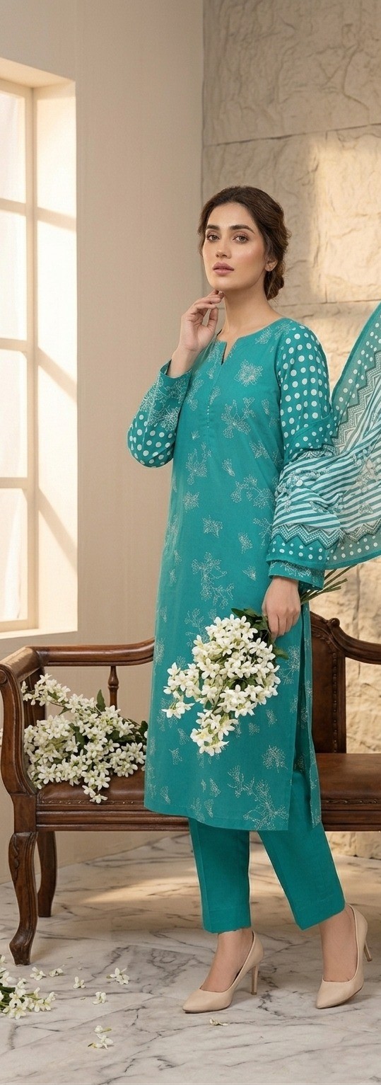 UNSTITCHED SEAGREEN  Vertical Striped & Ditsy Floral Lawn Suit