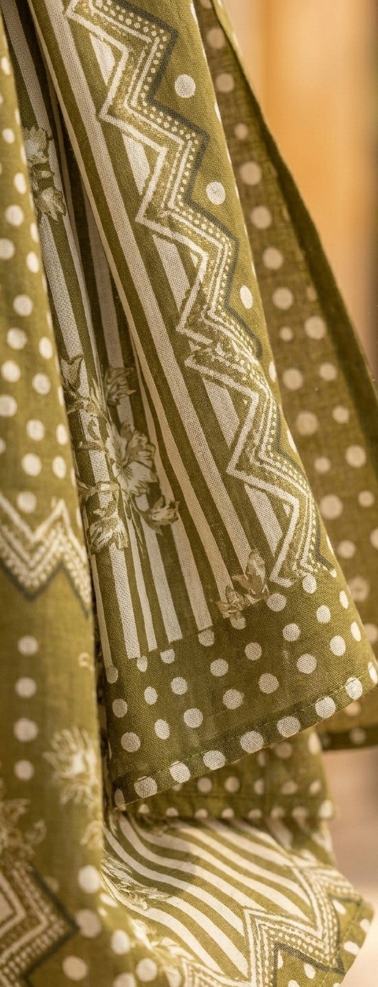 UNSTITCHED Olive Green Polka Dot and Floral Lawn Suit
