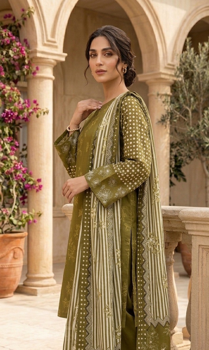 UNSTITCHED Olive Green Polka Dot and Floral Lawn Suit