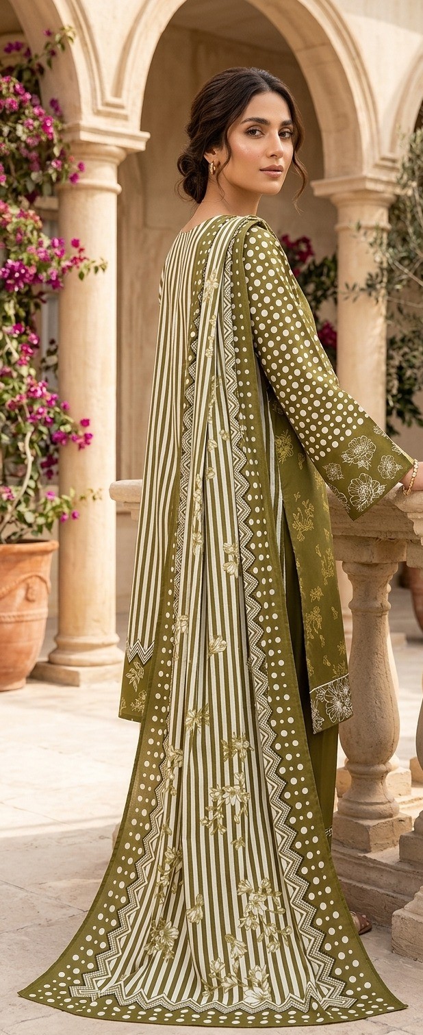UNSTITCHED Olive Green Polka Dot and Floral Lawn Suit