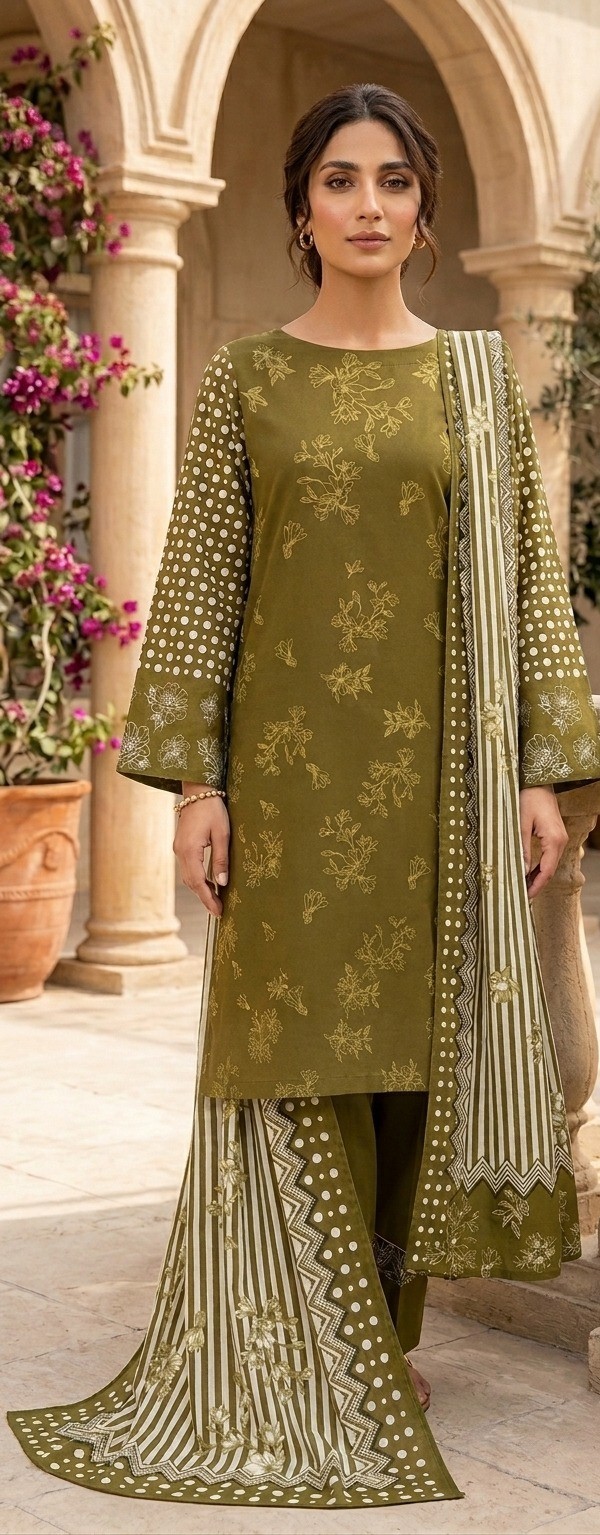 UNSTITCHED Olive Green Polka Dot and Floral Lawn Suit