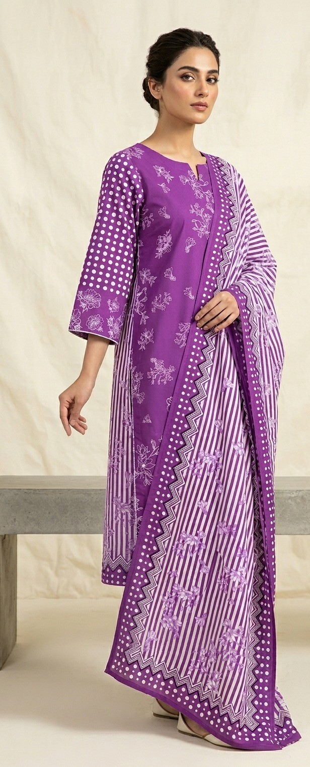 UNSTITCHED Purple Vertical Striped & Ditsy Floral Lawn Suit