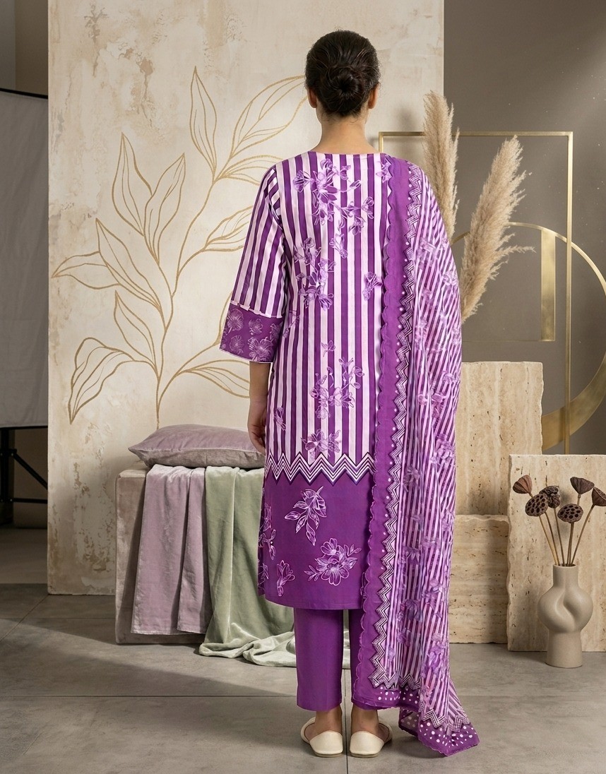 UNSTITCHED Purple Vertical Striped & Ditsy Floral Lawn Suit