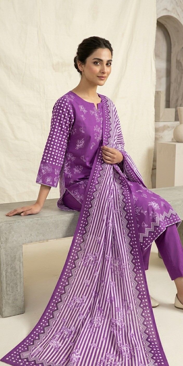 UNSTITCHED Purple Vertical Striped & Ditsy Floral Lawn Suit