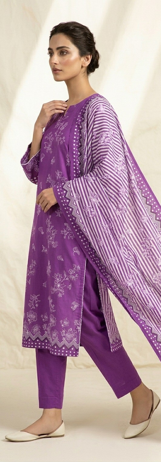 UNSTITCHED Purple Vertical Striped & Ditsy Floral Lawn Suit