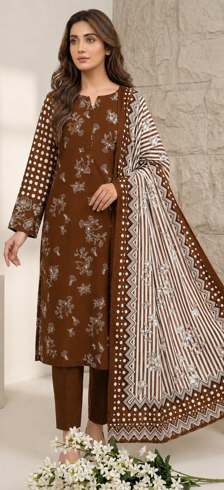 UNSTITCHED Brown Vertical Striped & Ditsy Floral Lawn Suit