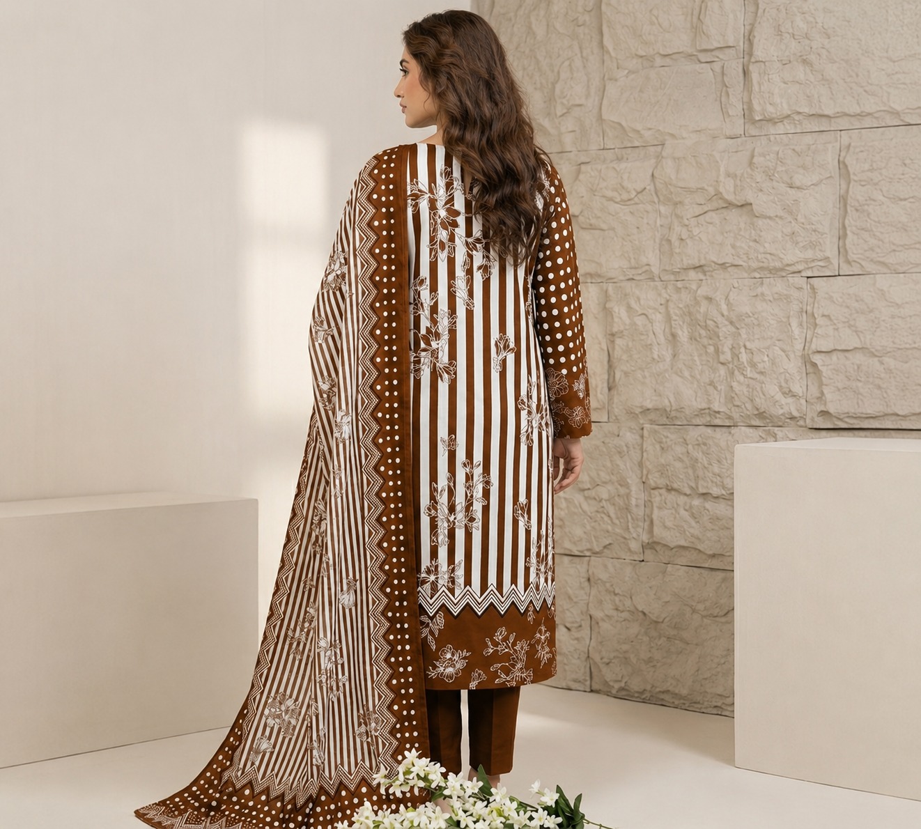 UNSTITCHED Brown Vertical Striped & Ditsy Floral Lawn Suit