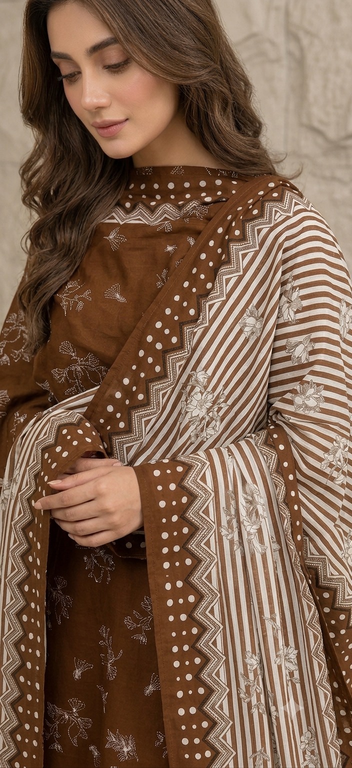 UNSTITCHED Brown Vertical Striped & Ditsy Floral Lawn Suit