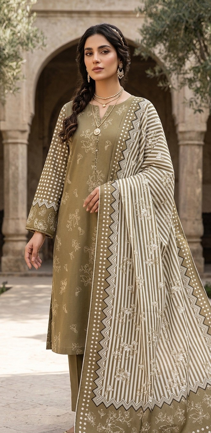 UNSTITCHED Green Striped & Ditsy Floral Lawn Suit