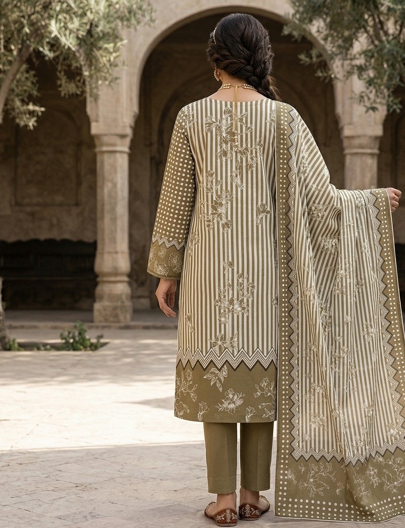 UNSTITCHED Green Striped & Ditsy Floral Lawn Suit