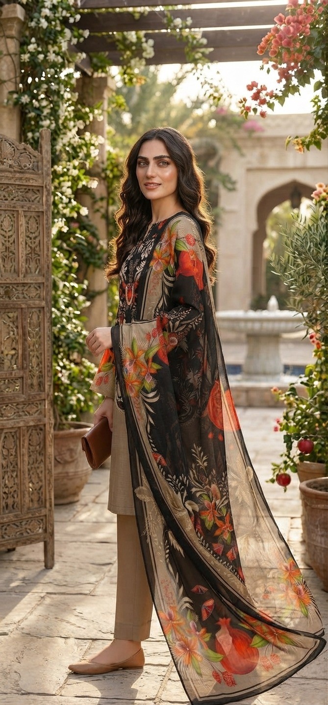 UNSTITCHED Black & Rust Floral Digital Printed Lawn Suit