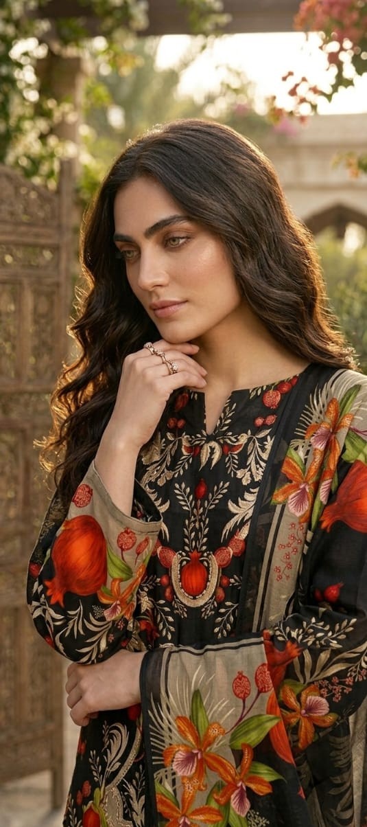 UNSTITCHED Black & Rust Floral Digital Printed Lawn Suit