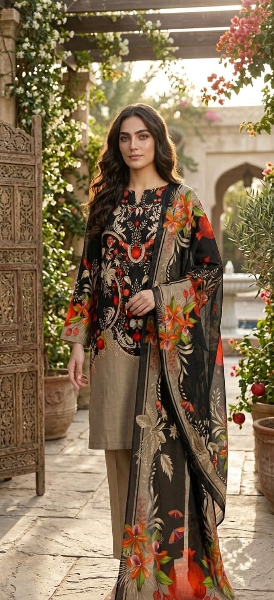 UNSTITCHED Black & Rust Floral Digital Printed Lawn Suit
