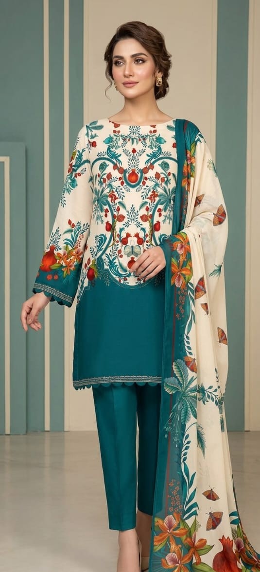 UNSTITCHED Teal & Off-White Pomegranate Motif Lawn Suit