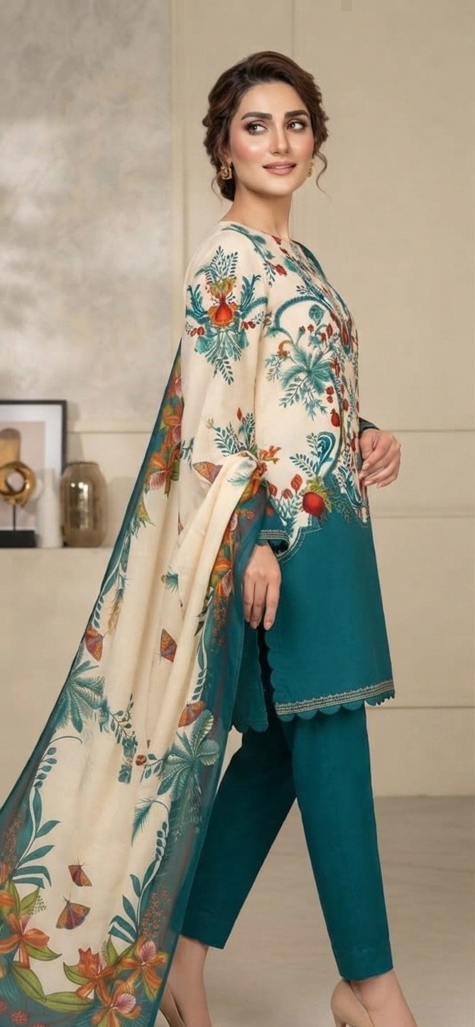 UNSTITCHED Teal & Off-White Pomegranate Motif Lawn Suit