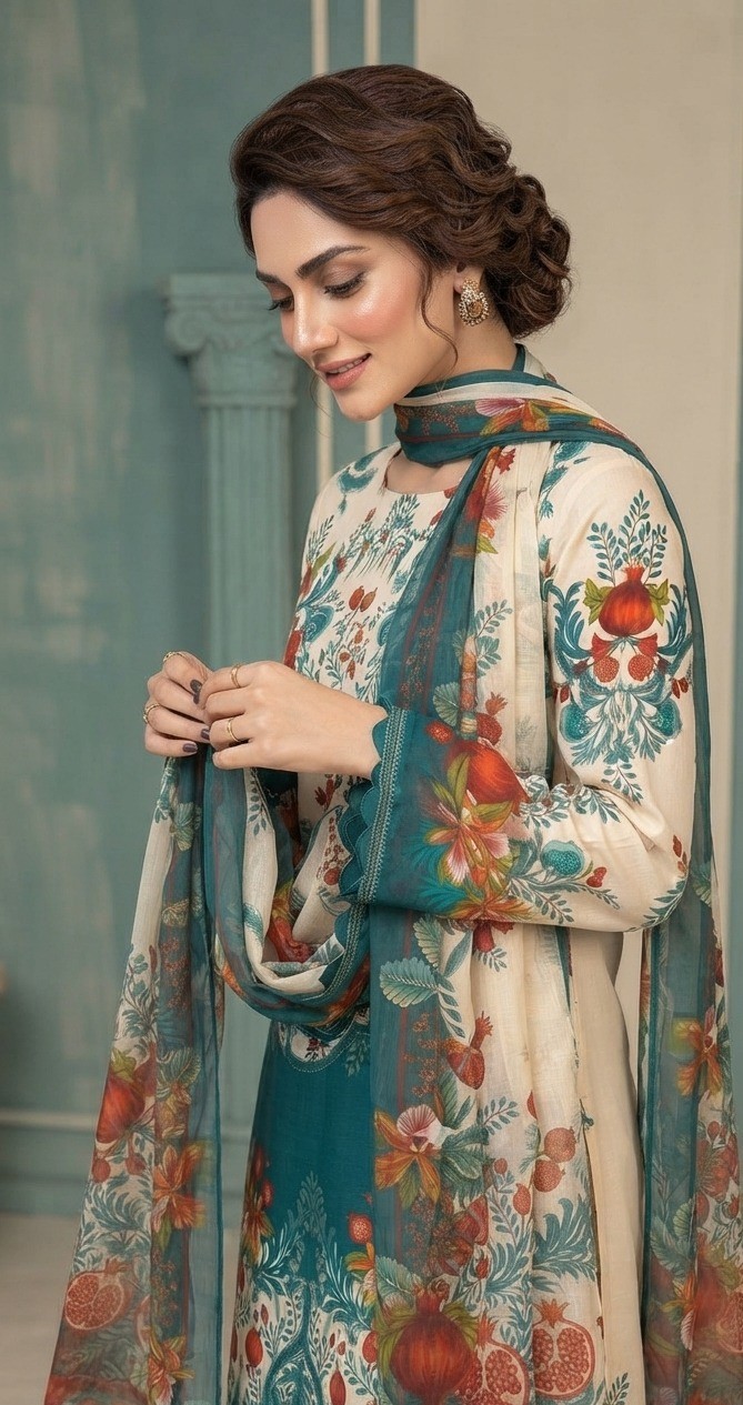 UNSTITCHED Teal & Off-White Pomegranate Motif Lawn Suit