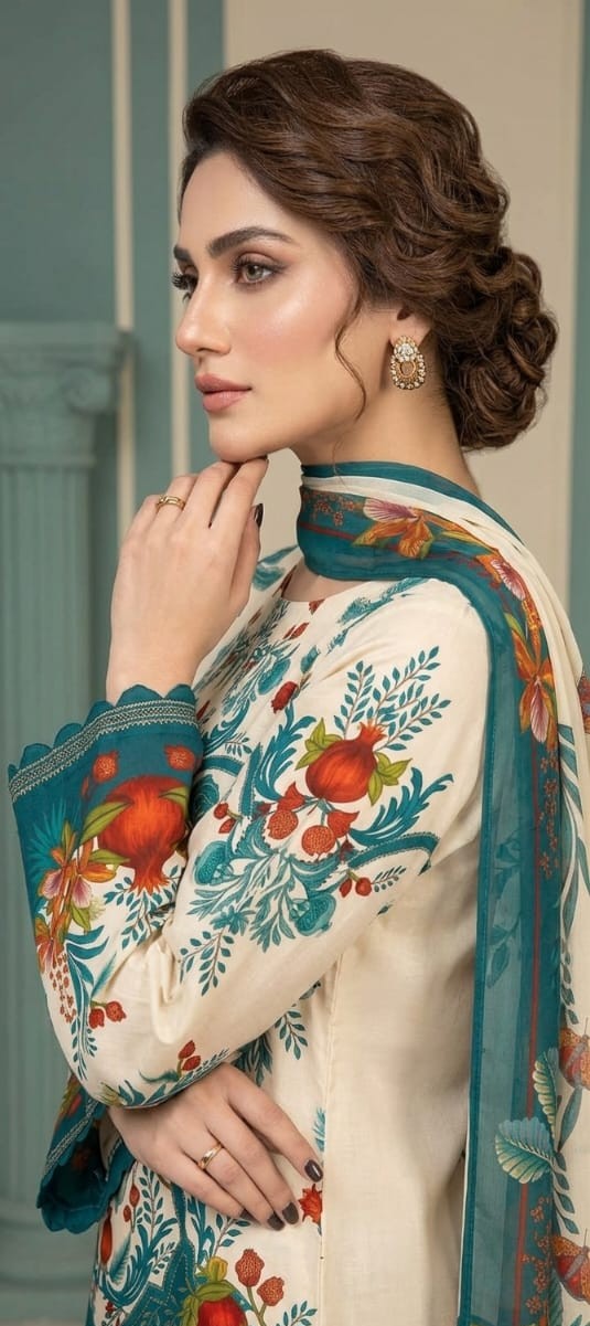 UNSTITCHED Teal & Off-White Pomegranate Motif Lawn Suit