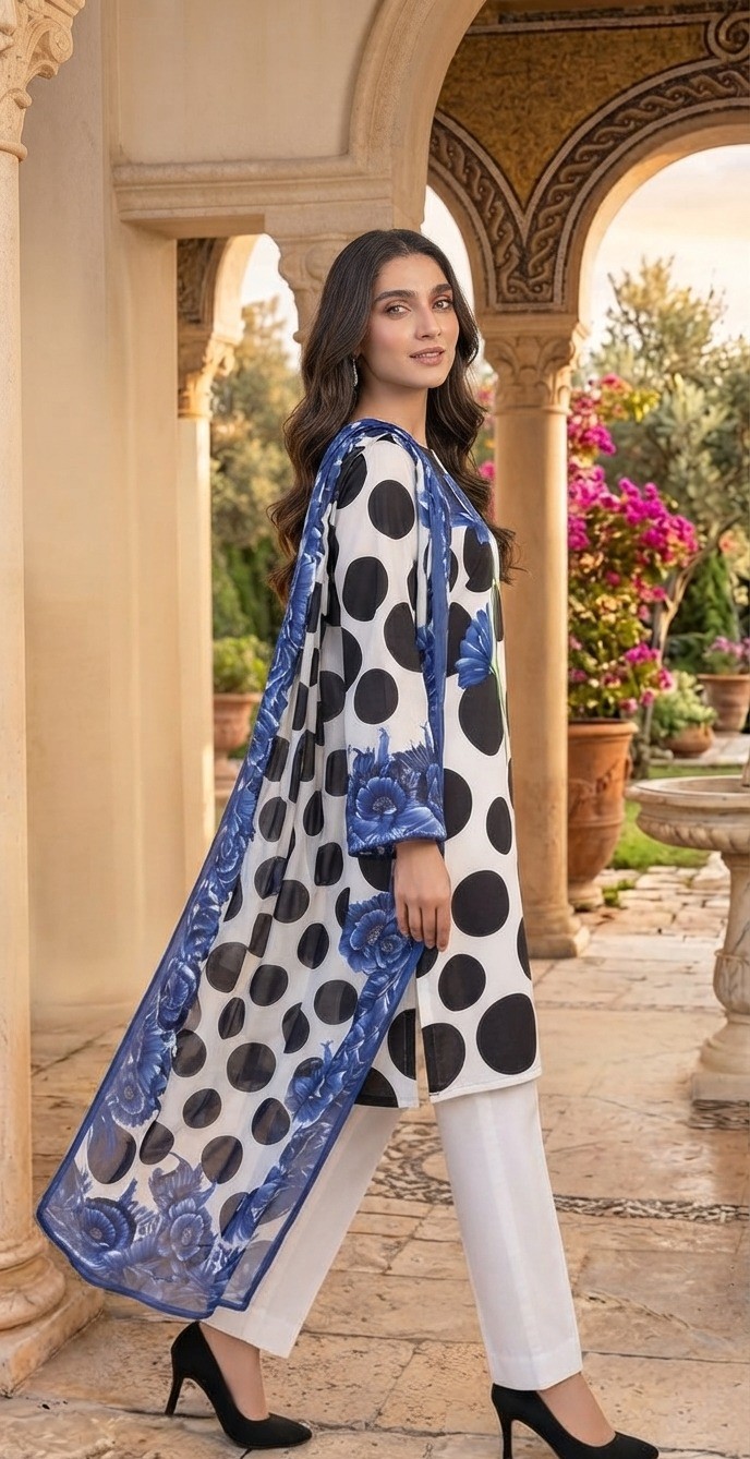 UNSTITCHED Monotone Polka Dot & Blue Floral Lawn Suit
