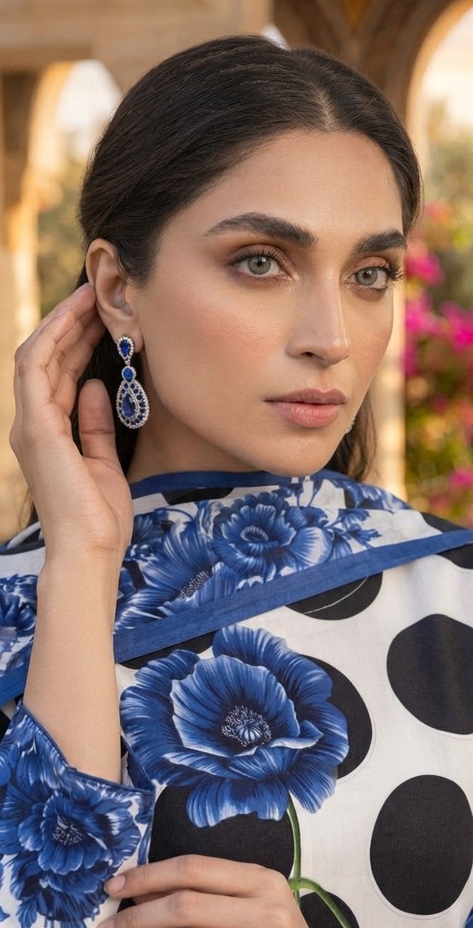 UNSTITCHED Monotone Polka Dot & Blue Floral Lawn Suit