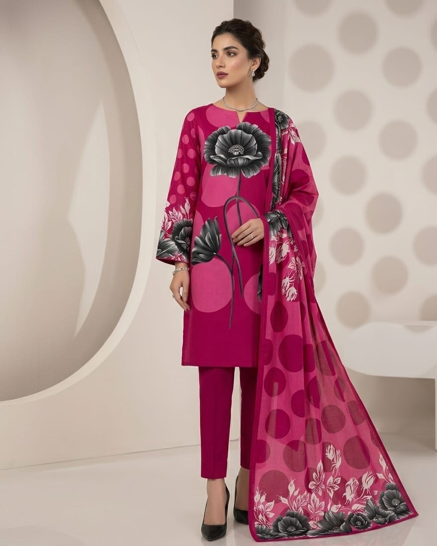 UNSTITCHED Magenta Polka Dot & Monochrome Floral Lawn Suit