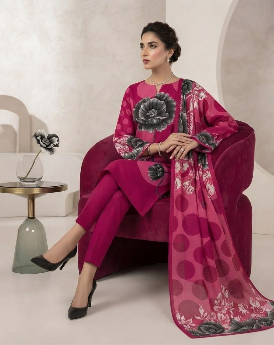 UNSTITCHED Magenta Polka Dot & Monochrome Floral Lawn Suit