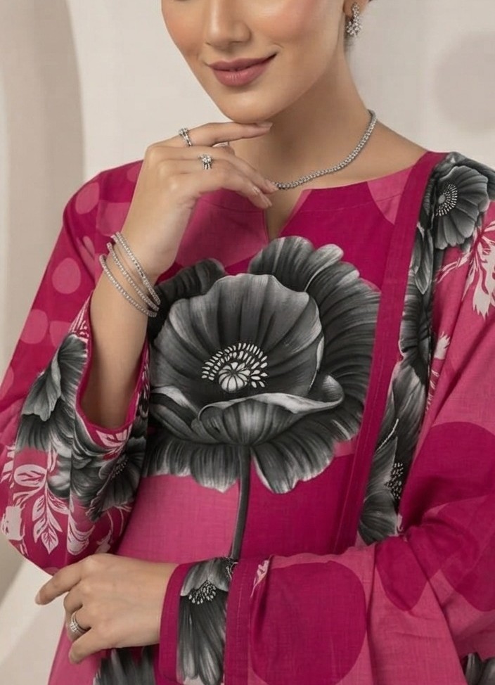 UNSTITCHED Magenta Polka Dot & Monochrome Floral Lawn Suit