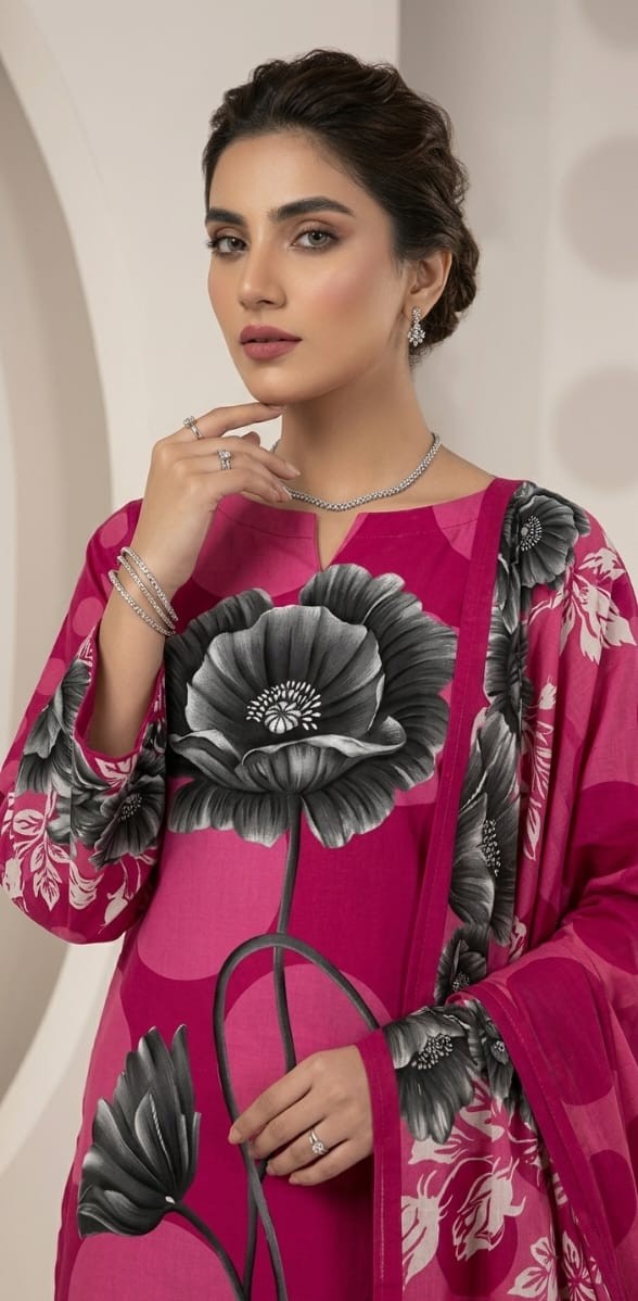 UNSTITCHED Magenta Polka Dot & Monochrome Floral Lawn Suit