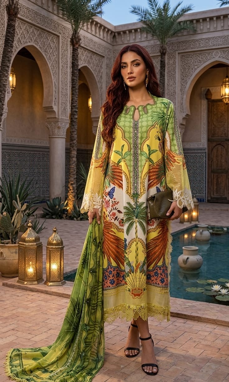 UNSTITCHED Lime & Olive Tropical Palm Lawn Suit