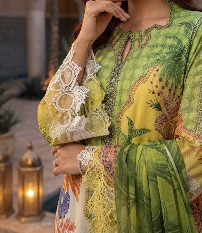 UNSTITCHED Lime & Olive Tropical Palm Lawn Suit