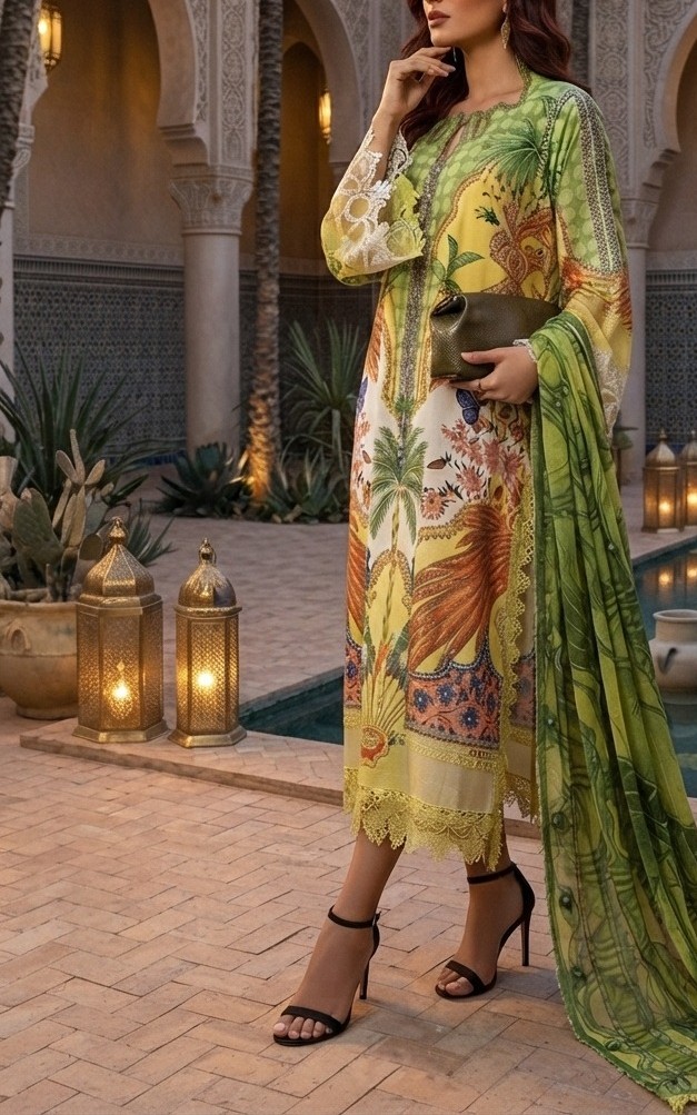 UNSTITCHED Lime & Olive Tropical Palm Lawn Suit
