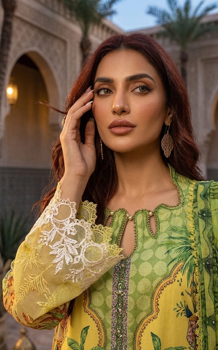 UNSTITCHED Lime & Olive Tropical Palm Lawn Suit