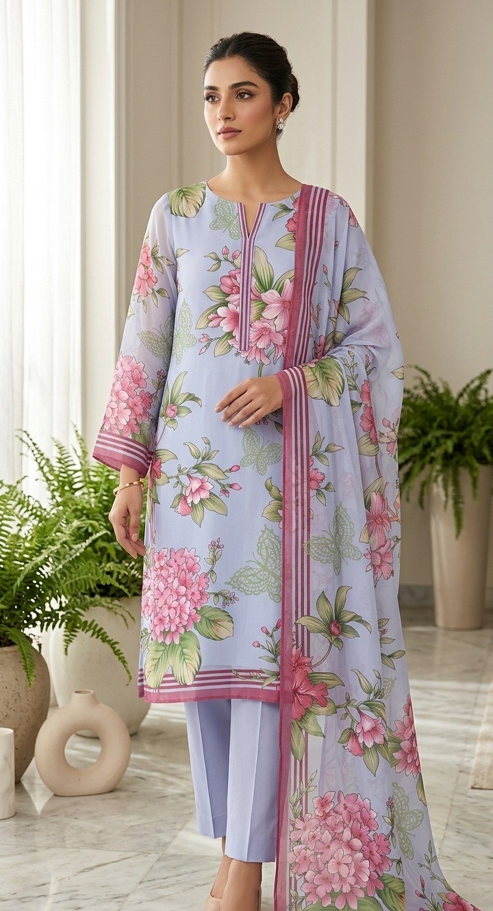 UNSTITCHED Lavender & Pink Floral Butterfly Lawn Suit