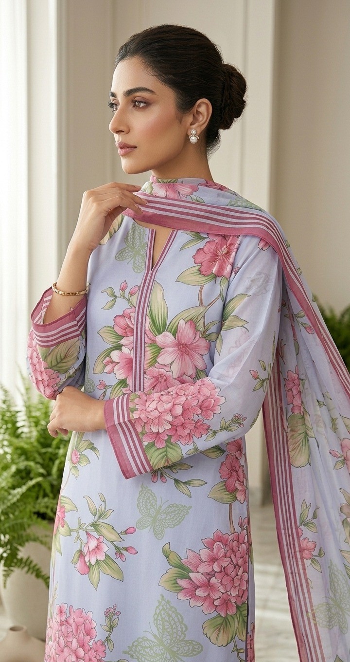 UNSTITCHED Lavender & Pink Floral Butterfly Lawn Suit